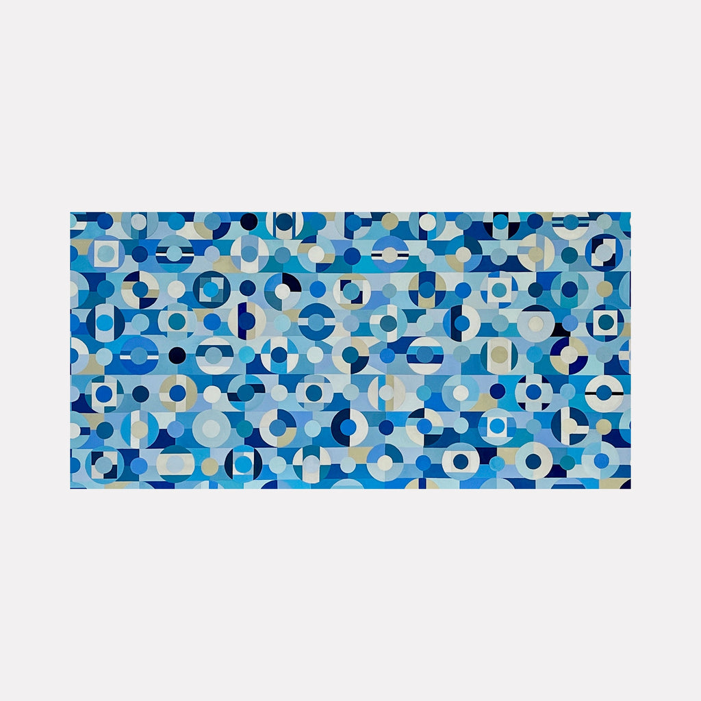 The artwork "Baby Blue Eyes" by Benna Holden features a harmonious composition of abstract geometric shapes in varying shades of blue, white, and beige. The pattern includes circles, semicircles, squares, and rectangles, creating a mosaic-like effect reminiscent of the modernist styles of Sonia Delaunay and Paul Klee, emphasizing rhythm and repetition.
