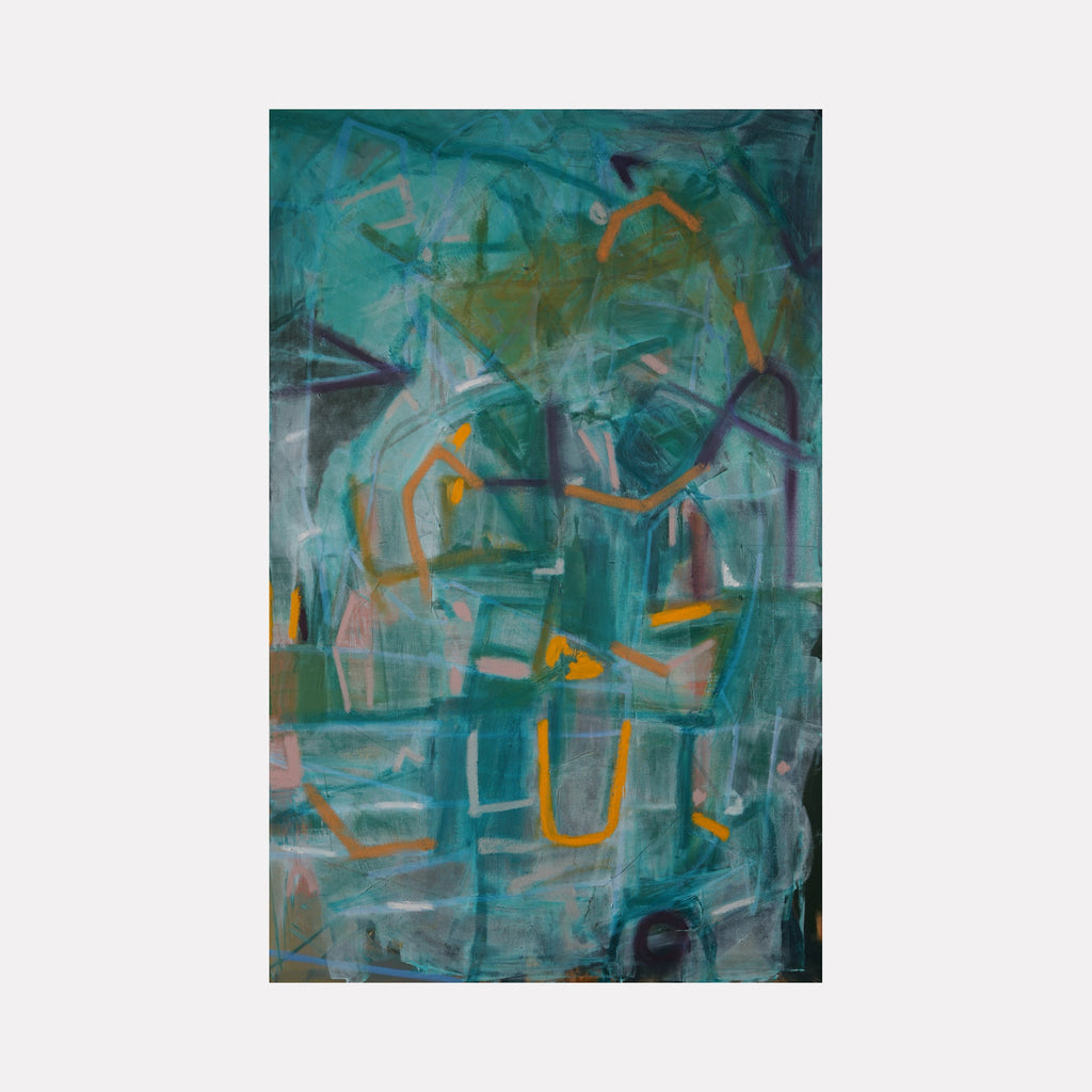 Nostalgia, Nutcrackers, and Neverland: Balthazar: The Magi, the Moonlight, and the Myrrh by Lia Rodi features an abstract composition of layered shapes in teal and muted green, accented by subtle hints of orange and cream. The painting blends soft brushstrokes with angular forms, evoking a dreamy, textured modern expression.