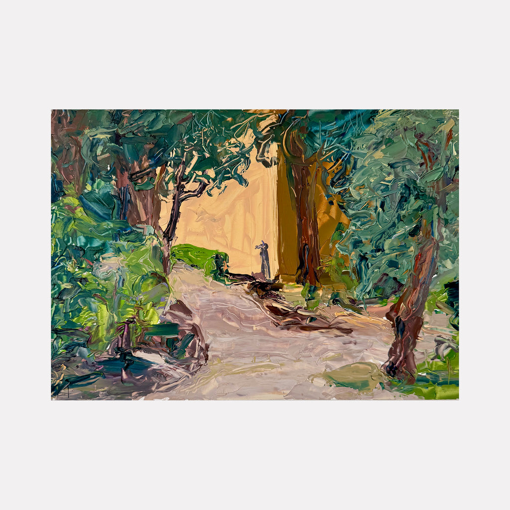The artwork "Bardini al Tramonto (alla prima)" by Catherine Webb captures a sunlit woodland path bordered by dense, textured foliage in rich greens and earthy browns. The impasto brushwork and vivid palette evoke the immediacy of alla prima technique, reminiscent of the expressive landscapes by John Singer Sargent and the atmospheric depth found in early Cézanne paintings.