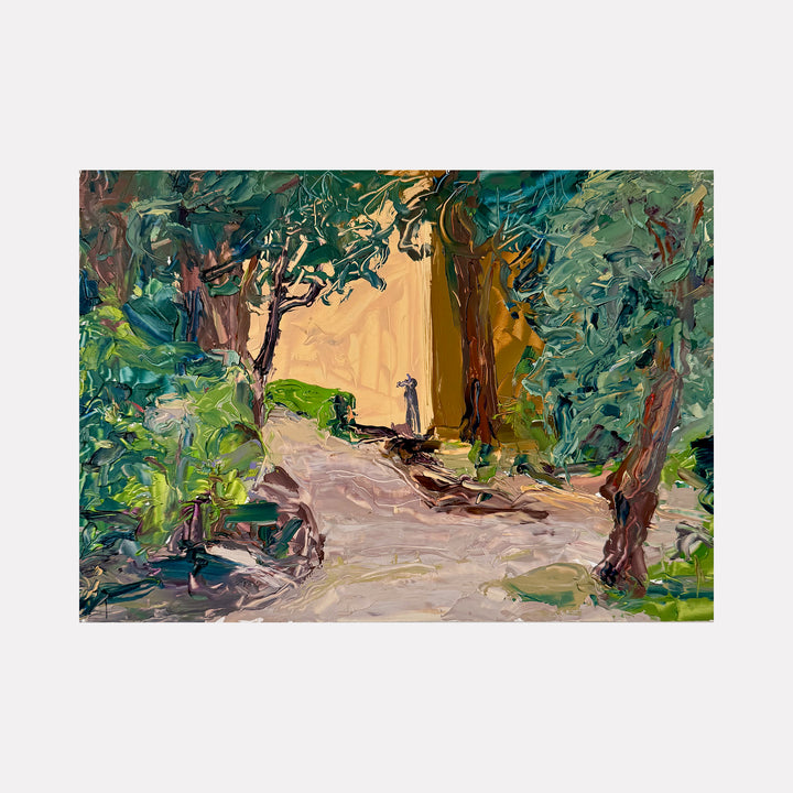 The artwork "Bardini al Tramonto (alla prima)" by Catherine Webb captures a sunlit woodland path bordered by dense, textured foliage in rich greens and earthy browns. The impasto brushwork and vivid palette evoke the immediacy of alla prima technique, reminiscent of the expressive landscapes by John Singer Sargent and the atmospheric depth found in early Cézanne paintings.