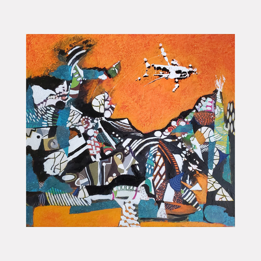 The artwork "Base Jump" features an abstract composition with a vibrant orange textured background and a dynamic array of geometric and organic shapes in black, white, blue, and earthy tones. Bold patterns, layered textures, and contrasting colors create a sense of motion and energy. The piece is by James Ehling.