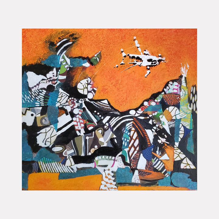 The artwork "Base Jump" features an abstract composition with a vibrant orange textured background and a dynamic array of geometric and organic shapes in black, white, blue, and earthy tones. Bold patterns, layered textures, and contrasting colors create a sense of motion and energy. The piece is by James Ehling.