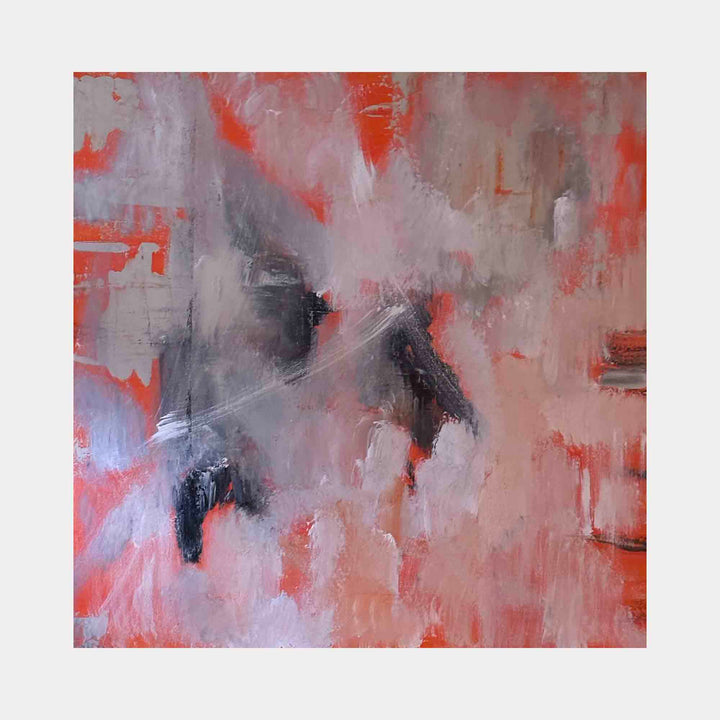 The artwork "Be Bold" by Tammy Kushnir features an abstract composition with layered textures and dynamic brushstrokes in shades of red, gray, and black. The interplay of soft gradients and bold marks evokes the expressive abstraction found in works by Mark Rothko and Willem de Kooning, creating a powerful sense of depth and movement.