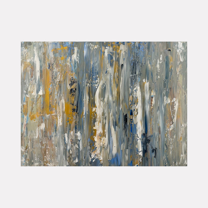 The artwork "Beautiful Dreamer" features an abstract composition with vertical strokes and layered textures in muted tones of blue, beige, gray, and gold. The style echoes the textural depth and color palette reminiscent of Gerhard Richter's abstract pieces. This piece by Dorothea Sandra blends impressionistic and modern abstract elements.