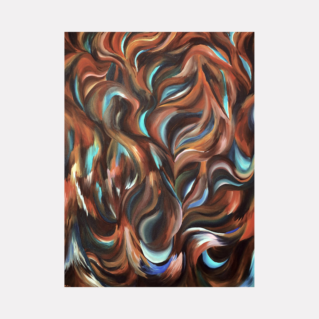 The artwork "Beautifully Fleeting" features swirling, fluid shapes in warm tones of brown, rust, and copper, accented by soft blues and whites. The textured brushstrokes create a dynamic, almost flame-like pattern with an abstract, organic flow. This expressive piece captures a transient, vibrant energy. By Kim Rosebud.
