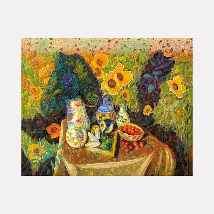 The artwork "Bees and Sunflowers" by Gina Blickenstaff in gallery position 1 merges vibrant sunflowers with bees hovering overhead against a richly textured backdrop of greens and oranges. The detailed still life arrangement on the table features glass bottles and red berries, with layered brushwork recalling the natural depth of Vincent van Gogh and the vivid color contrasts akin to Paul Cézanne.