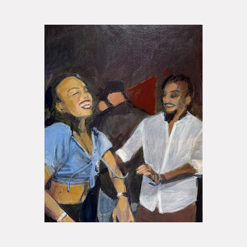 The artwork "Bell House" by Chris Baily features an expressive figurative scene with three people rendered in loose, textured brushstrokes. Warm browns, deep purples, and muted blues create a lively, intimate atmosphere. The style evokes the candid, dynamic social moments captured in works by Alice Neel and Henri Matisse.