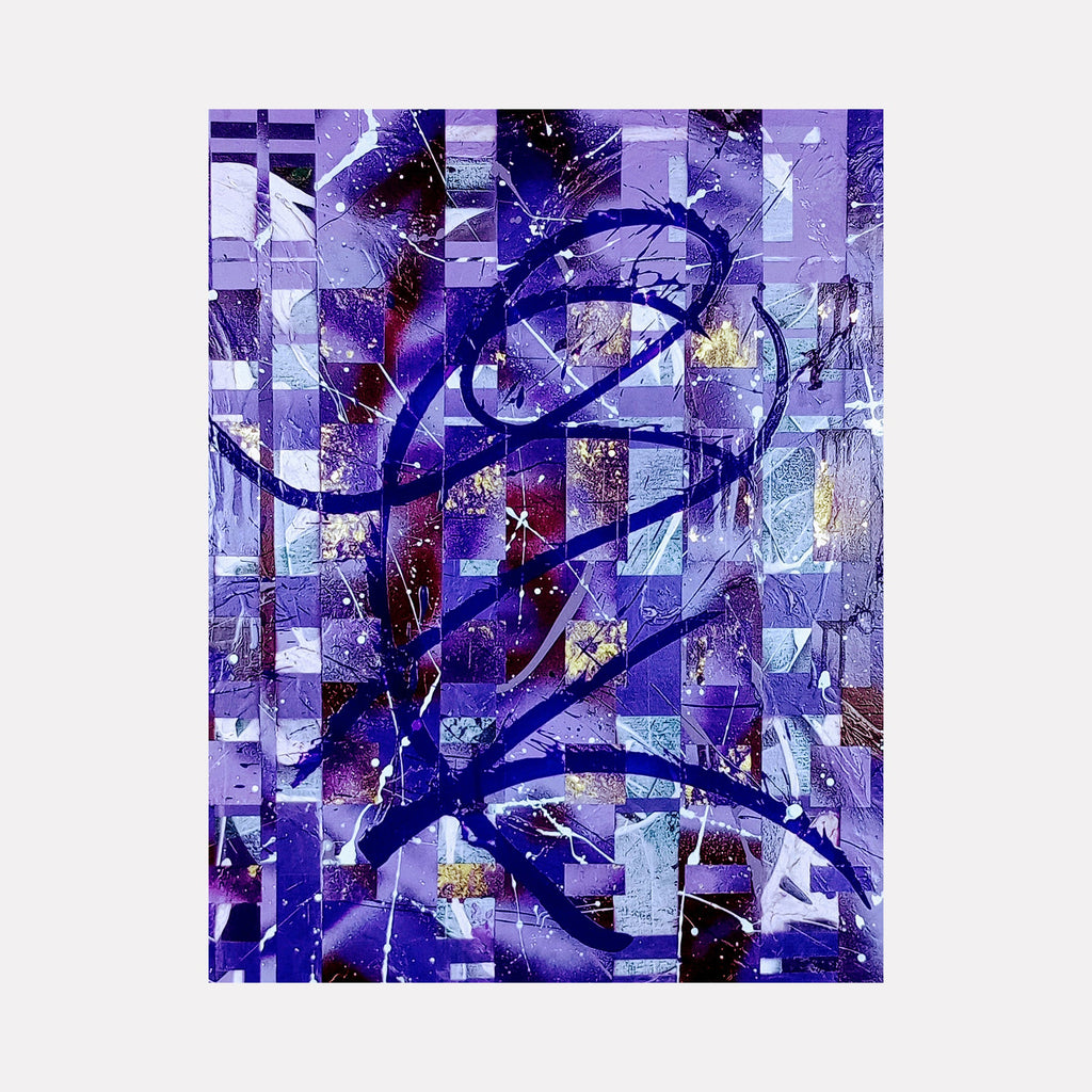 The artwork 'Beloved' by Nicholas Franklin features a dynamic abstract composition with vibrant purple and indigo tones arranged in a mosaic-like pattern. Sweeping brushstrokes in deep blue create fluid, ribbon-like movements across the canvas, complemented by splashes of white and hints of gold. The piece combines geometric structure with free-flowing organic forms in acrylic on canvas.
