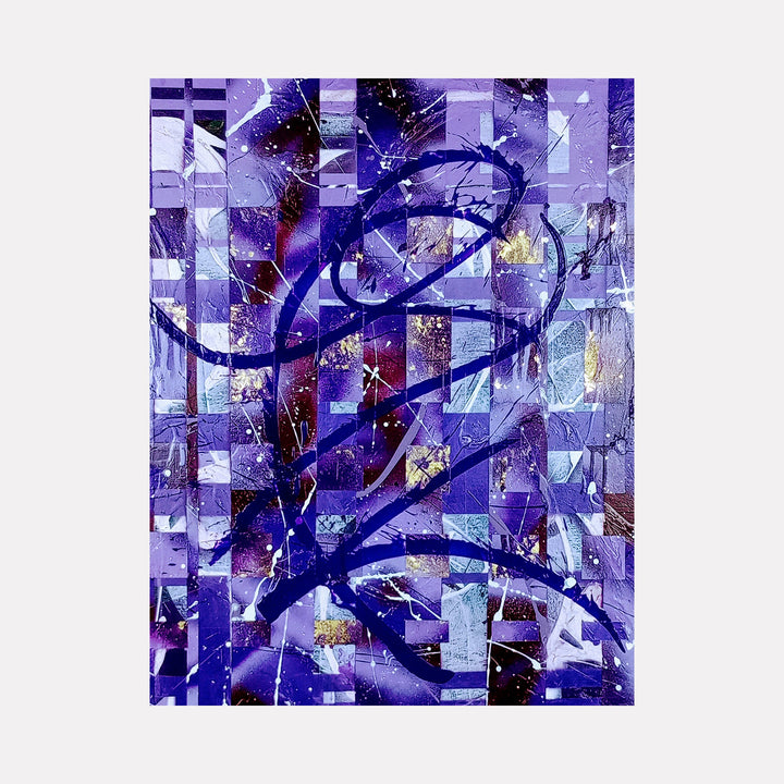The artwork 'Beloved' by Nicholas Franklin features a dynamic abstract composition with vibrant purple and indigo tones arranged in a mosaic-like pattern. Sweeping brushstrokes in deep blue create fluid, ribbon-like movements across the canvas, complemented by splashes of white and hints of gold. The piece combines geometric structure with free-flowing organic forms in acrylic on canvas.