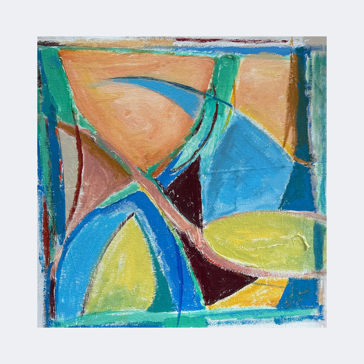 The artwork "Blue Fin" by Beth Barry features an abstract composition of curved and angular shapes in vibrant blues, yellows, and earthy oranges. The textured brushstrokes and overlapping forms evoke a modernist style reminiscent of artists like Wassily Kandinsky and Paul Klee, with dynamic movement and a playful use of color and geometry.