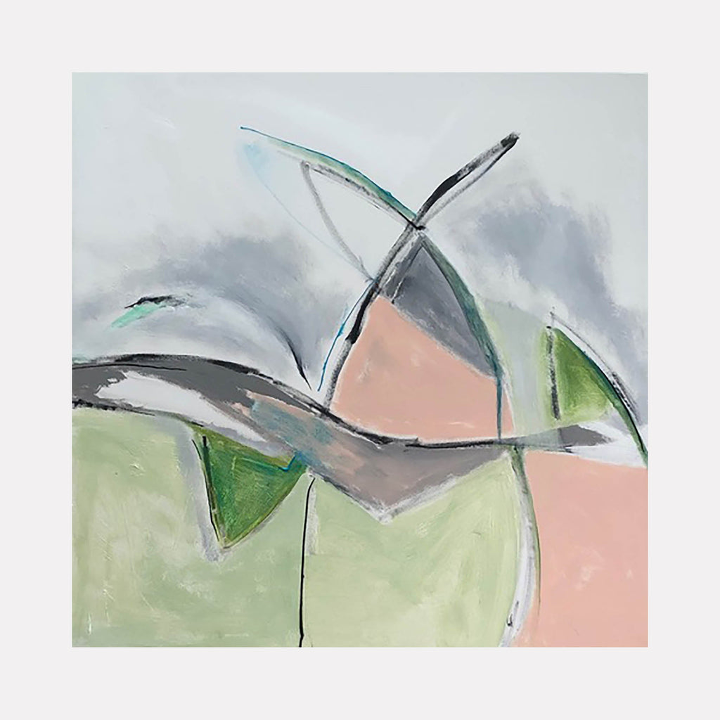 The artwork "Bowtie" by Beth Barry in gallery position 1 features fluid, intersecting shapes in muted green, soft pink, and gray tones against a pale background. The gestural lines and layered textures reflect the organic abstraction of Helen Frankenthaler and the dynamic brushwork found in Willem de Kooning’s compositions.