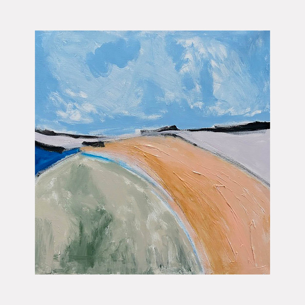 The artwork "Bright Light" by Beth Barry in gallery position 1 presents an abstract landscape rendered in broad, textured strokes of pale blue, muted green, soft peach, and touches of deep blue. Its sweeping, minimalist composition and contemplative color palette evoke the serene abstractions of Helen Frankenthaler and the subtle earth tones seen in Richard Diebenkorn’s works.