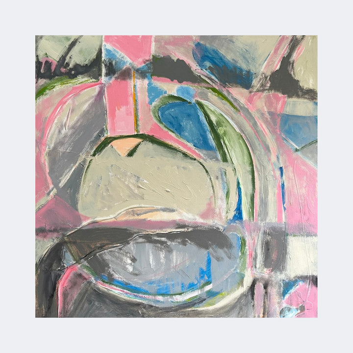 The artwork "Cherry Bomb" by Beth Barry features an abstract composition with layered brushstrokes in soft pinks, blues, greens, and grays. The textured surface and dynamic shapes evoke a style reminiscent of Willem de Kooning and early abstract expressionism, blending organic curves with geometric forms in a balanced yet energetic arrangement.