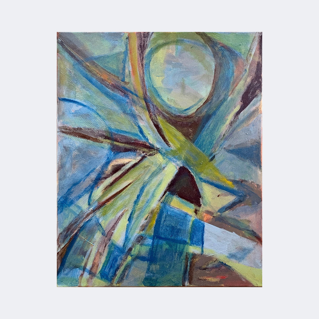 The artwork "Metropolis" by Beth Barry features an abstract composition with dynamic shapes and overlapping planes in a cool color palette of blues, greens, and earthy tones. The texture is expressive and layered, reminiscent of the cubist style seen in works by Pablo Picasso and Georges Braque, evoking a sense of urban energy and movement.