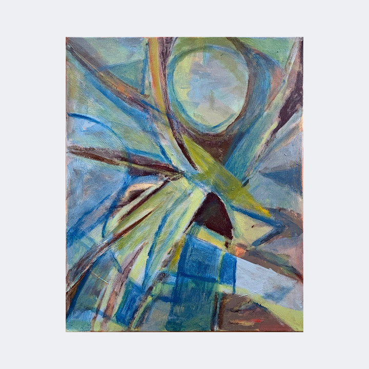 The artwork "Metropolis" by Beth Barry features an abstract composition with dynamic shapes and overlapping planes in a cool color palette of blues, greens, and earthy tones. The texture is expressive and layered, reminiscent of the cubist style seen in works by Pablo Picasso and Georges Braque, evoking a sense of urban energy and movement.