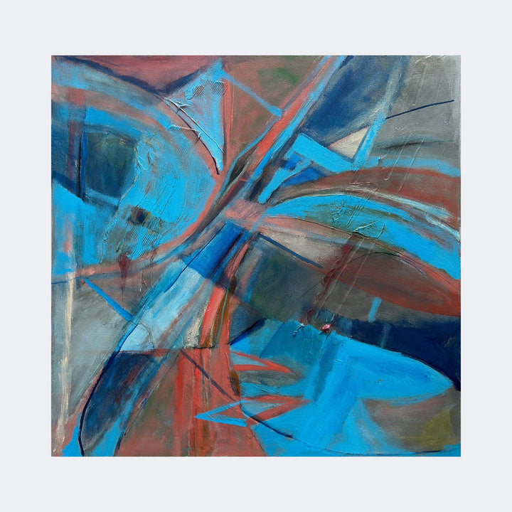 The artwork "Mid-Century" by Beth Barry features an abstract composition with sweeping curved and angular shapes in vibrant shades of blue, rust, and muted gray. The textured brushstrokes and dynamic layering evoke the modernist style reminiscent of artists like Wassily Kandinsky and Franz Kline, blending energetic movement with mid-century abstraction.