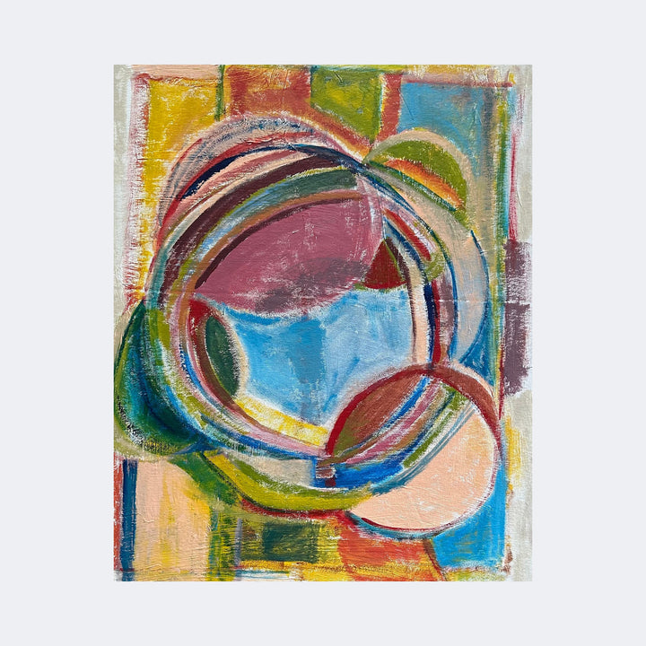 The artwork "Orphism Revisited" by Beth Barry features overlapping circular shapes in muted reds, blues, greens, and yellows against a textured, grid-like background. The abstract composition reflects the Orphism movement, reminiscent of Robert Delaunay’s vibrant geometric rhythms and Sonia Delaunay’s colorful, layered patterns, with visible brushstrokes enhancing its dynamic texture.