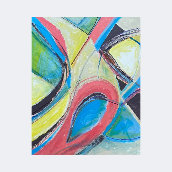 The artwork "Tourniquent" by Beth Barry features an abstract composition with bold, curved shapes in vibrant hues of blue, red, yellow, and green. The textured brushstrokes and overlapping forms evoke a dynamic energy reminiscent of Wassily Kandinsky’s colorful abstraction and the modernist style of Sonia Delaunay.