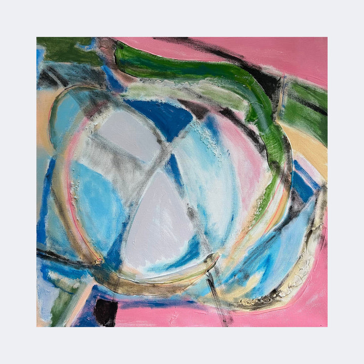 The artwork "Untitled" by Beth Barry features abstract forms with overlapping circular and curved shapes in soft pastel colors, including blue, pink, green, and beige. The piece has a textured, painterly style reminiscent of Helen Frankenthaler’s color fields and the dynamic brushstrokes of Willem de Kooning, creating a vivid, energetic composition.