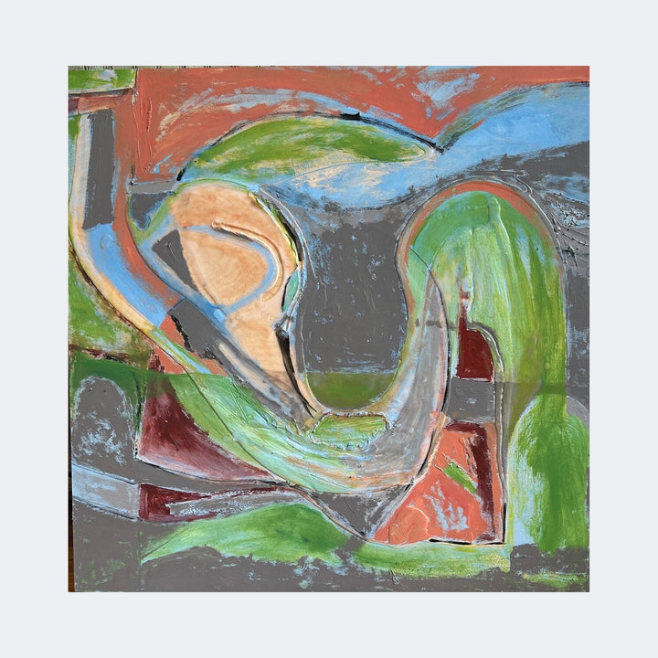 The artwork "Rolling Green" by Beth Barry features an abstract composition with flowing, organic shapes primarily in shades of green, gray, orange, blue, and beige. The textured brushstrokes and layered colors evoke the style of mid-century modern abstraction reminiscent of works by Arshile Gorky and early Willem de Kooning, creating a dynamic and harmonious visual experience.