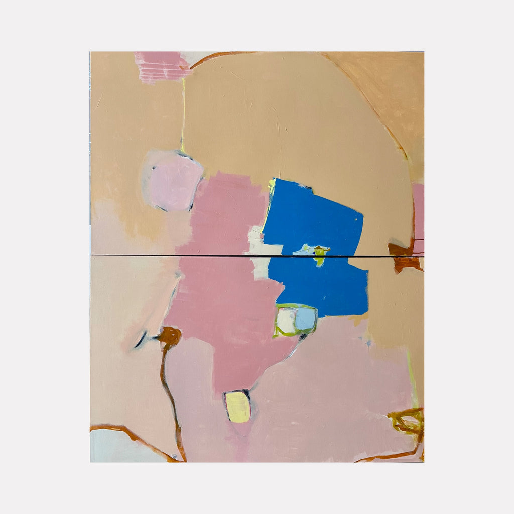 Between Two Breaths by Leslie Thornton features soft, layered abstract forms in gentle beige and blush pink hues, punctuated by vibrant blue blocks and delicate yellow accents, creating a balanced, contemplative composition that invites quiet reflection and subtle emotional resonance.