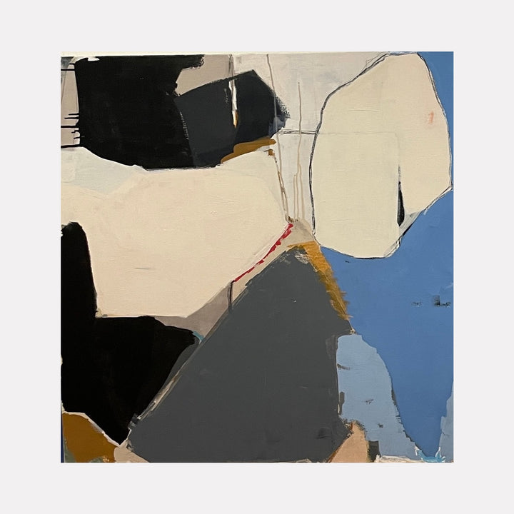 Between a Rock by Leslie Thornton features an abstract composition with large, irregular shapes in muted tones of gray, cream, black, and blue, accented by subtle hints of ochre and red, creating a textured interplay that evokes the solidity and layered complexity of natural stone formations.
