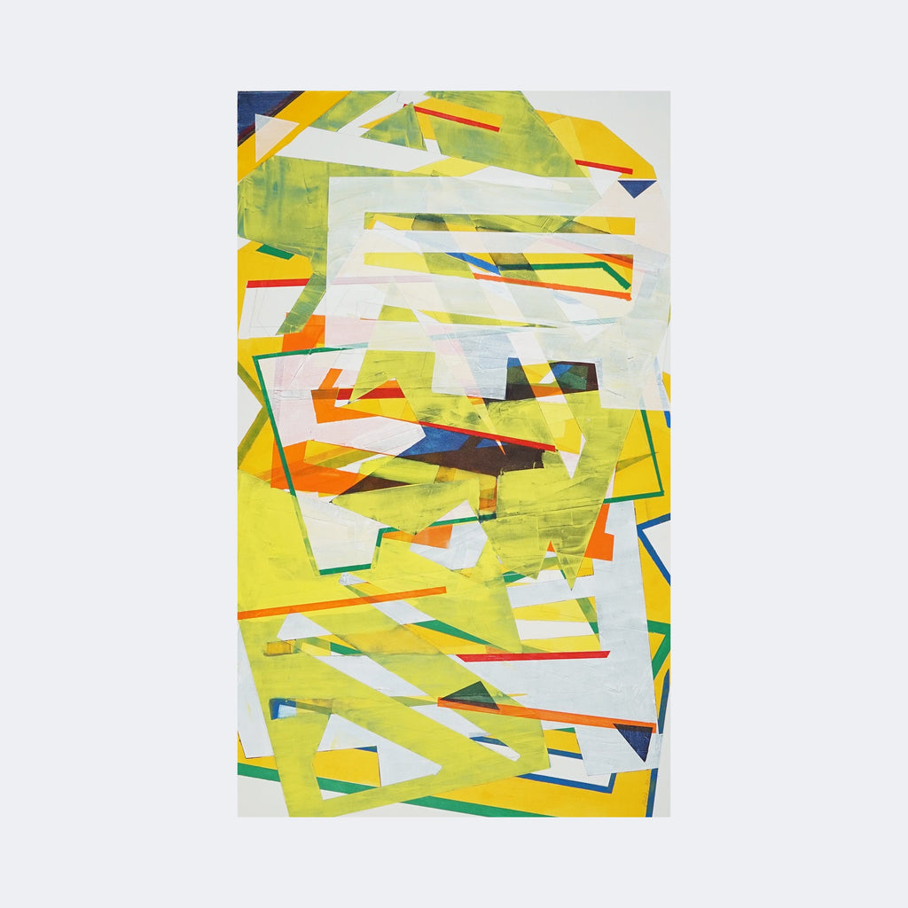 The artwork "Big Yellow" by Lisa Petker Mintz features a dynamic abstract composition with overlapping geometric shapes in vibrant yellow, green, orange, blue, and white hues. The textured layers create depth and movement reminiscent of works by Wassily Kandinsky and Sonia Delaunay, blending bold color blocking with expressive, modernist abstraction.