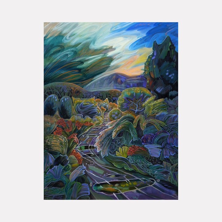 The artwork "Bike Ride After Rain" by Gina Blickenstaff in gallery position 1 reveals a winding path through a lush, rain-soaked landscape with swirling foliage in deep blues, greens, and purples. The dynamic brushstrokes and dreamlike light evoke the expressive landscapes of Van Gogh and the vibrant surrealism of Marc Chagall.