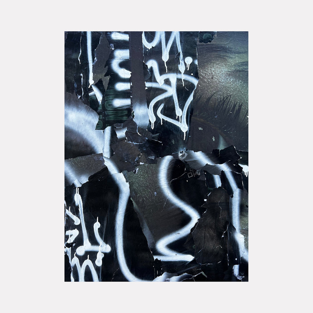 The artwork "Black and White Graffiti" by Amy Turner features layered torn paper and peeling textures with bold black and white spray paint markings. Abstract shapes and fragmented designs create an urban, gritty style with dynamic contrast and expressive street art elements. The piece evokes raw, contemporary city vibes.