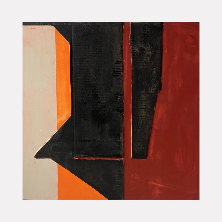 The artwork "Black on Buff and Rust XX" by Diane Englander features bold geometric shapes in deep black, warm rust, vibrant orange, and soft buff tones. The textured surfaces and sharp angular forms evoke the minimalist abstractions of Ellsworth Kelly and the color field intensity found in Mark Rothko’s compositions.