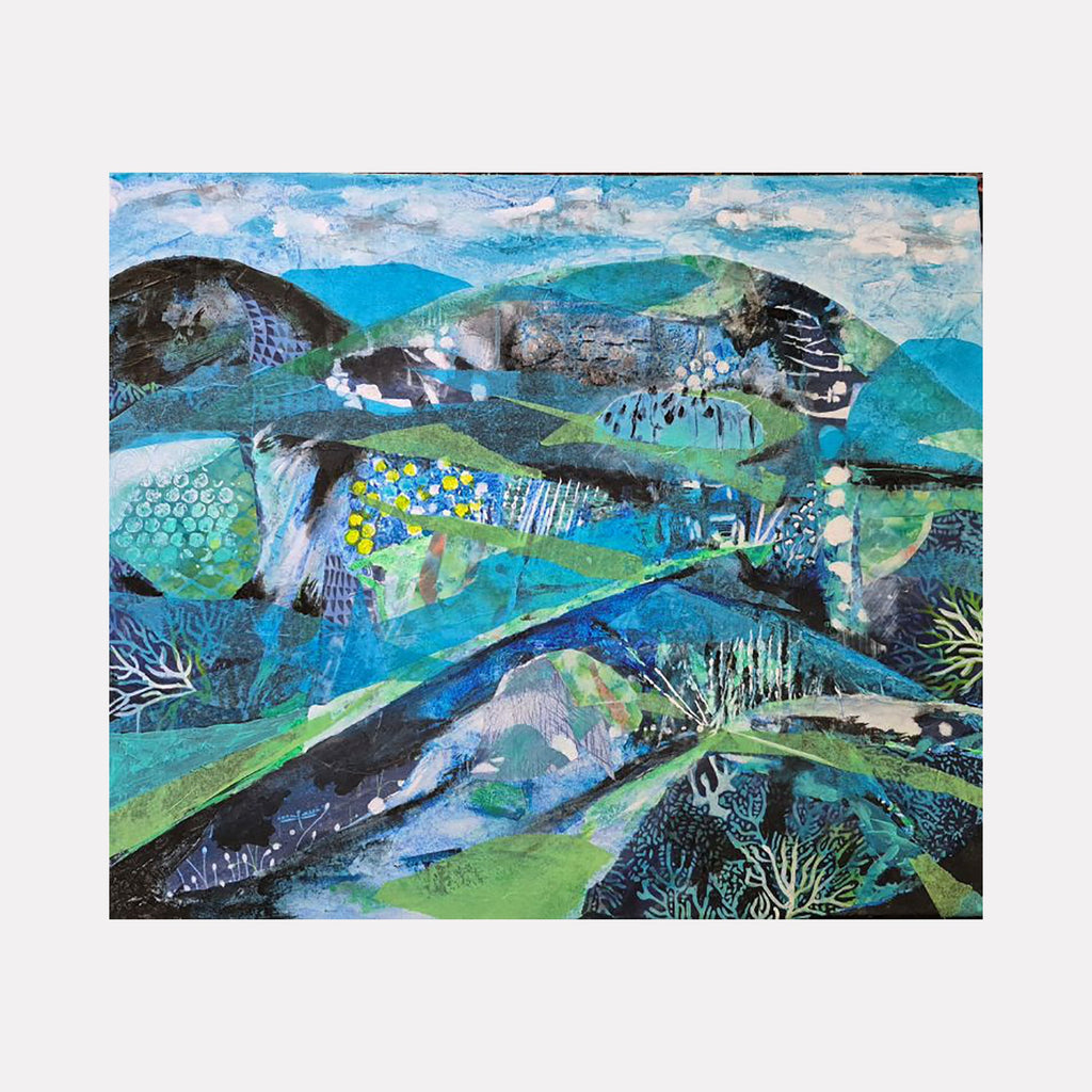 The artwork "Blackstone River Valley" by James Ehling features an abstract landscape with layered shapes and textures in shades of blue, green, and black. The composition includes organic patterns resembling hills, water, and foliage, with a dynamic blend of brushstrokes and mixed media effects that evoke a vibrant natural scene. James Ehling.