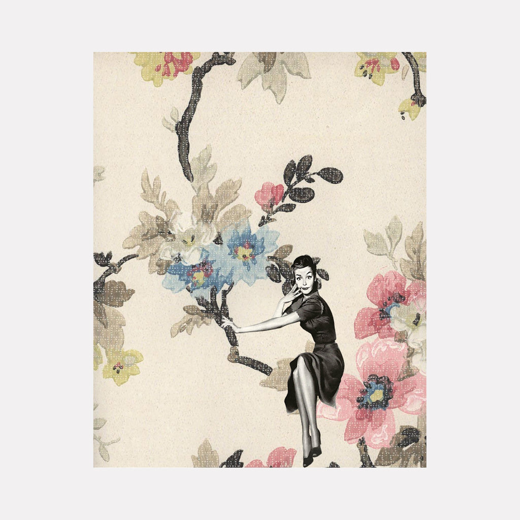 The artwork "Blossom Branch" features a vintage-style black and white illustration of a woman sitting gracefully on a textured floral branch with delicate blossoms in soft pastel shades of blue, pink, yellow, and beige. The artistic style blends classic portraiture with botanical elements on a muted cream background. By Theresa Gooby.