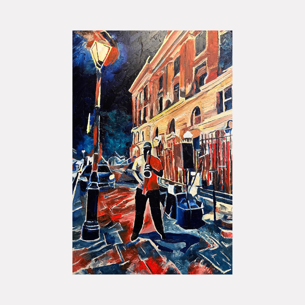 The artwork "Blow Man, Blow!" depicts a vibrant urban night scene with a saxophone player standing under a glowing streetlamp. Rich textures and bold brushstrokes in oil paint create dynamic contrasts of deep blues, fiery reds, and warm ochres highlighting a historic building and lively street. By Lauren Luna.