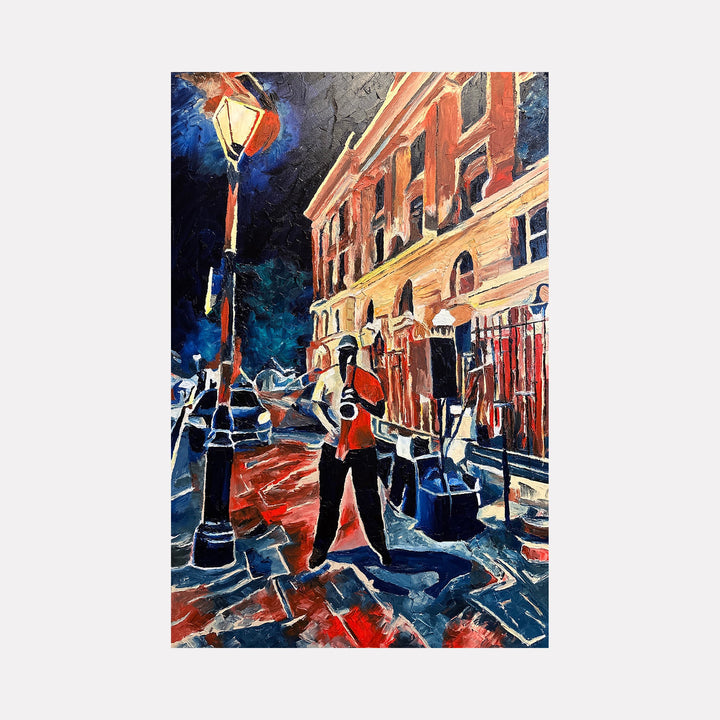 The artwork "Blow Man, Blow!" depicts a vibrant urban night scene with a saxophone player standing under a glowing streetlamp. Rich textures and bold brushstrokes in oil paint create dynamic contrasts of deep blues, fiery reds, and warm ochres highlighting a historic building and lively street. By Lauren Luna.