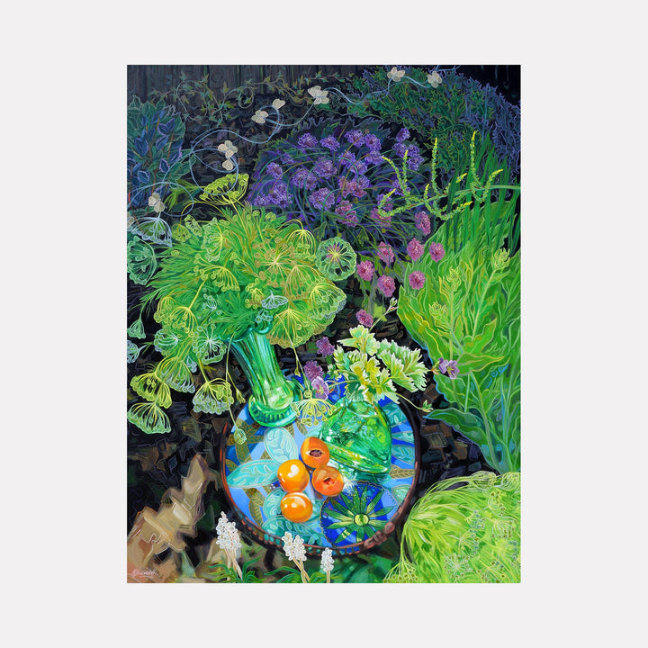 The artwork "Blue-Green with Apricots" by Gina Blickenstaff in gallery position 1 presents a vibrant still life set against a dark textured backdrop. Lush green botanical forms contrast with bright orange apricots on a patterned blue plate. The layered detail and fluid lines evoke the natural intricacy of Georgia O'Keeffe and the vibrant color contrasts of Henri Matisse.