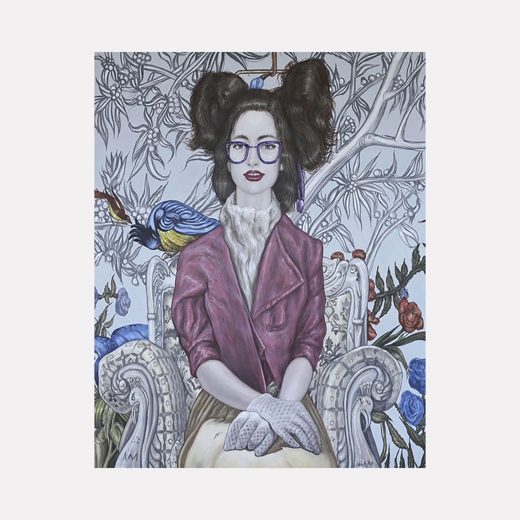 The artwork "Blue Birds and Purple Glasses" features a woman seated on an ornate chair with intricate floral and leafy patterns in the background. She wears purple glasses, a textured mauve jacket, and elegant gloves, with a blue bird perched near her shoulder. The piece showcases detailed line work, muted colors with vibrant accents by Carlos Gamez de Francisco.