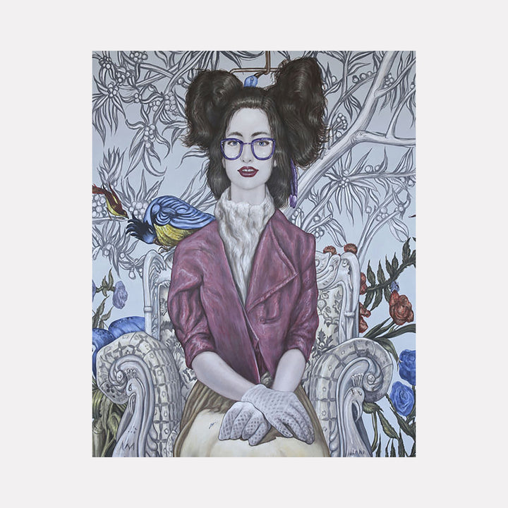 The artwork "Blue Birds and Purple Glasses" features a woman seated on an ornate chair with intricate floral and leafy patterns in the background. She wears purple glasses, a textured mauve jacket, and elegant gloves, with a blue bird perched near her shoulder. The piece showcases detailed line work, muted colors with vibrant accents by Carlos Gamez de Francisco.