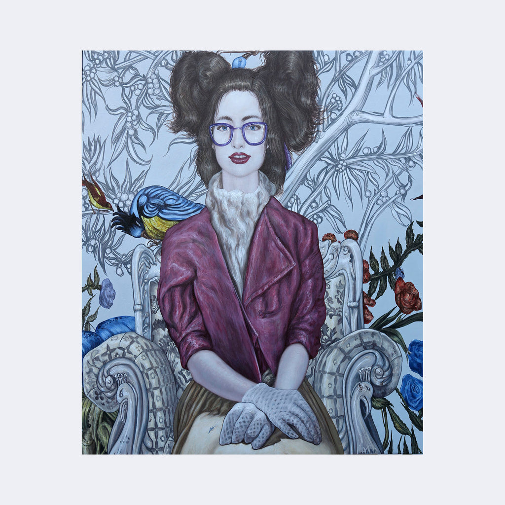 The artwork "Blue Birds and Purple Glasses" by Carlos Gamez de Francisco features a woman seated on an ornate chair with intricate floral and leafy patterns in the background. She wears stylish purple glasses, a deep burgundy coat, and grey gloves, evoking a surreal yet elegant aesthetic reminiscent of Frida Kahlo’s portraiture combined with the detailed botanical elements of Alphonse Mucha’s Art Nouveau style.