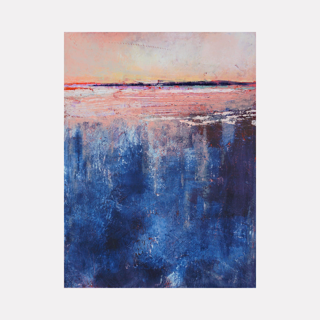 Blue Curacao by Victoria Primicias reveals an abstract seascape with textured layers of deep indigo and cobalt blue contrasting against a soft horizon of warm peach and pale pink tones. The artwork evokes a contemplative mood, blending dynamic brushstrokes with serene color fields to capture a peaceful yet vibrant coastal atmosphere.