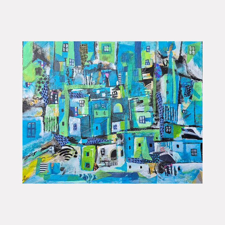 The artwork "Blue Favela" by James Ehling features an abstract urban landscape composed of layered geometric shapes in varying shades of blue, green, and teal. The textured brushstrokes create a dynamic interplay of light and shadow, evoking the complexity of favela architecture with a style reminiscent of Cubism and the vibrant abstraction found in Paul Klee’s cityscapes.