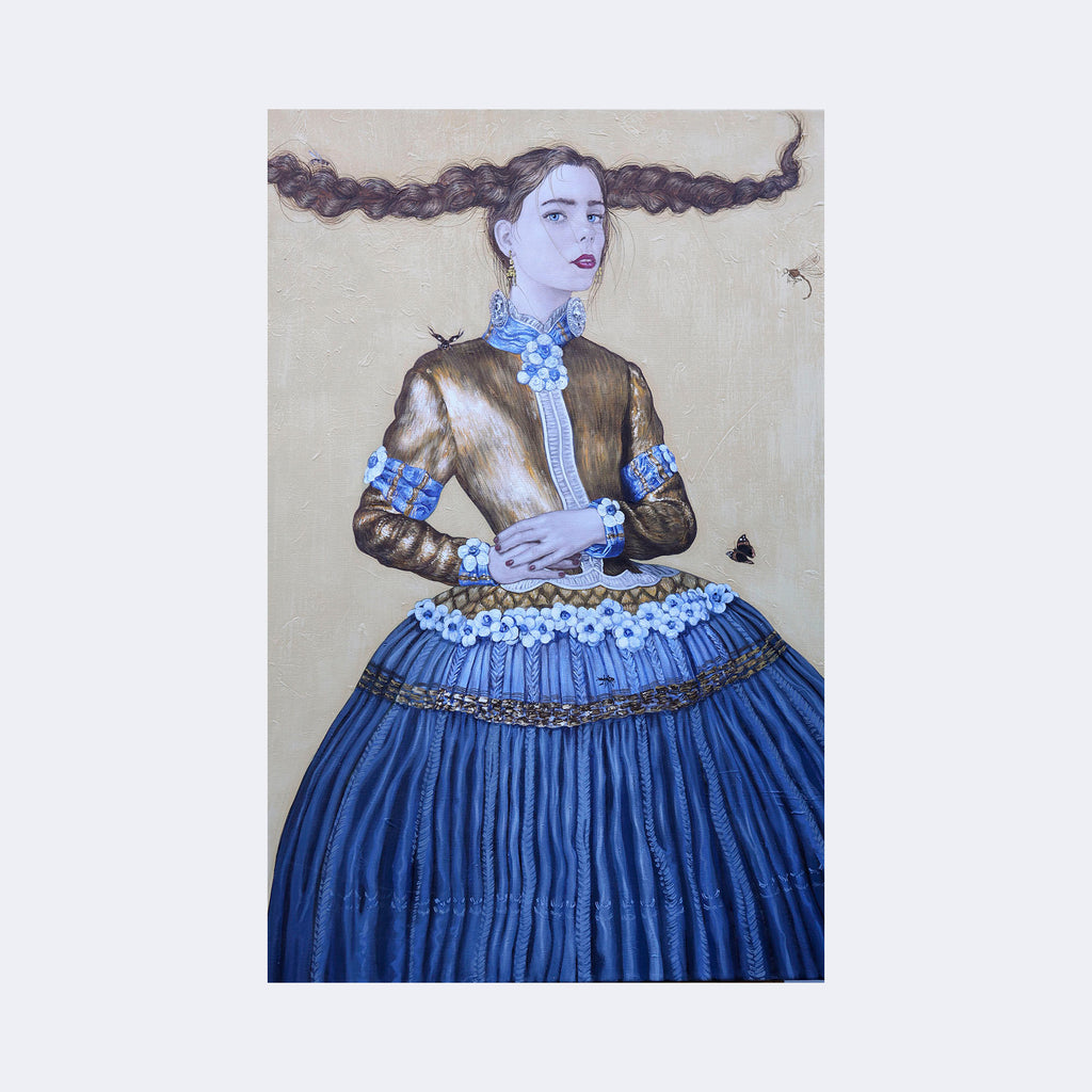 The artwork "Blue Girl" by Carlos Gamez de Francisco features a stylized female figure with elongated braided hair extending horizontally. She wears a regal, metallic gold bodice adorned with blue floral accents and a voluminous, richly textured blue skirt reminiscent of Renaissance portraiture. The muted beige background and delicate butterfly details evoke surreal and symbolic influences akin to Frida Kahlo and Kehinde Wiley's modern interpreta