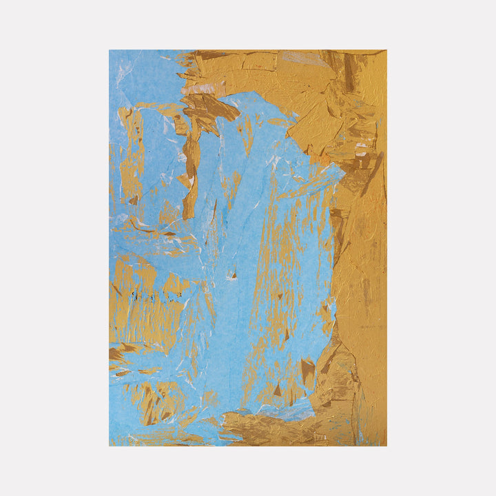 The artwork "Blue Mine" features abstract textured layers with dominant blue and gold hues, showcasing rough, organic shapes and strokes that create depth and contrast. The composition highlights a dynamic interplay of smooth and coarse textures, evoking a mined or natural mineral aesthetic. By Amy Turner.