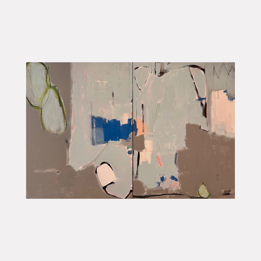 Blue Odyssey by Leslie Thornton offers a muted abstract composition blending soft taupe and gray tones with patches of pastel peach and vivid cobalt blue, accentuated by slender, gestural lines that suggest subtle forms, evoking a contemplative and serene visual journey.