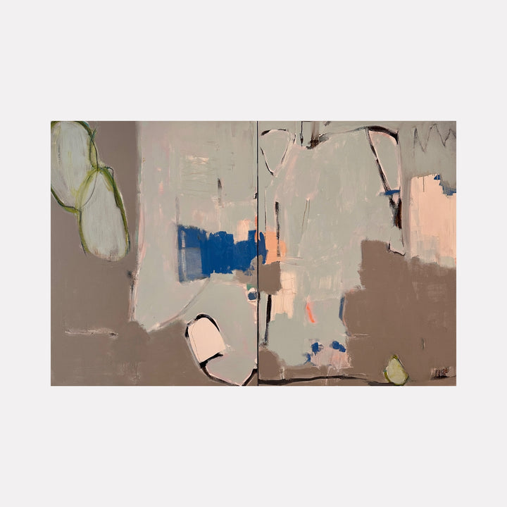 Blue Odyssey by Leslie Thornton offers a muted abstract composition blending soft taupe and gray tones with patches of pastel peach and vivid cobalt blue, accentuated by slender, gestural lines that suggest subtle forms, evoking a contemplative and serene visual journey.