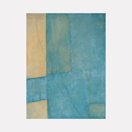 Blues on Yellow XV by Diane Englander features a serene abstract composition with soft overlapping shapes in muted yellows and calming blue hues. The textured layers create a subtle interplay of depth and light, evoking a quiet, contemplative mood through minimalist geometric forms and gentle color transitions.