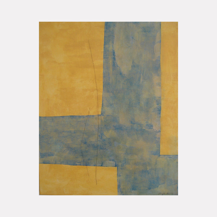 Blues on Yellow XXIII by Diane Englander features an abstract composition with large intersecting forms in muted blue and warm yellow tones, showcasing subtle texture and delicate linear details that evoke a serene, balanced interplay of color and shape.