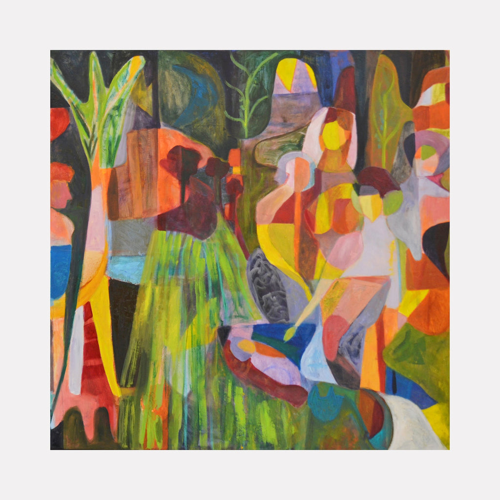 The artwork "Bob Thompson one" features an abstract composition with vibrant colors including green, yellow, orange, red, blue, and pink. It depicts overlapping human-like shapes and forms, blending fluid brushstrokes with geometric patterns, creating a dynamic, textured visual experience. Created by Jennifer Levine.