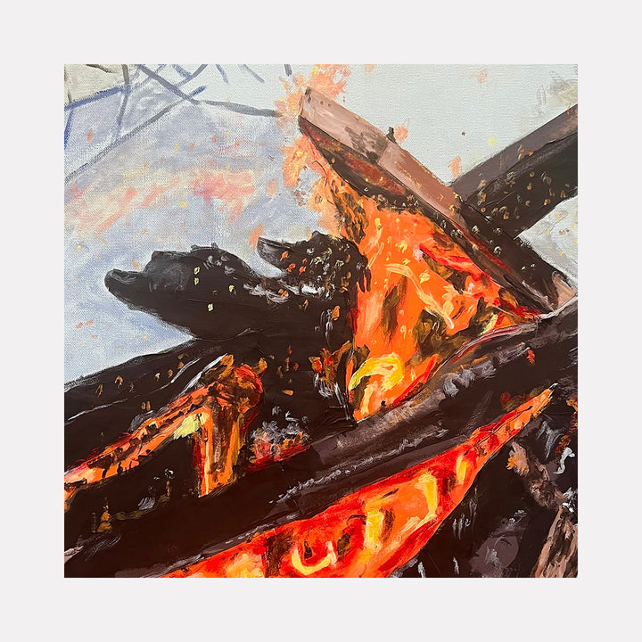 The artwork "Bonne Fire" depicts glowing orange and red flames consuming dark logs with textured brushstrokes reminiscent of the impressionist style seen in works by Claude Monet, capturing the dynamic movement and intense heat. The play of light and shadow evokes a realistic yet artistic portrayal of fire. Robert Dec.