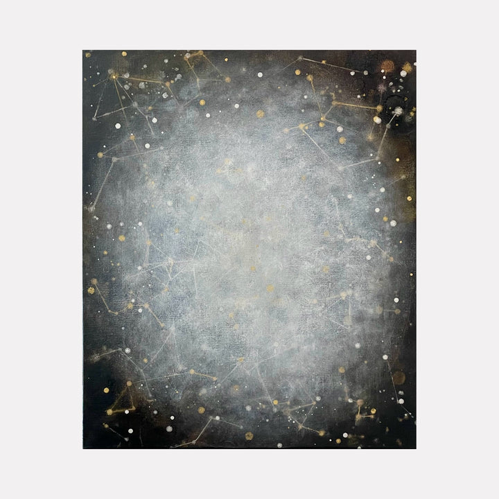 The artwork "Border #2" features a textured abstract composition with a dark background fading into lighter shades toward the center, adorned with gold and white dots connected by delicate gold lines resembling constellations or a cosmic map. This intricate design creates a celestial, ethereal atmosphere by Sonomi Kobayashi.