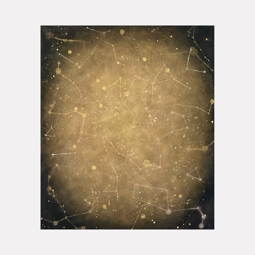 The artwork "Border #3" by Sonomi Kobayashi features a textured celestial map with delicate constellations drawn in white lines and dots across a gradient background of dark blues and warm golden hues, evoking a vintage star chart with a mystical, aged appearance. Sonomi Kobayashi